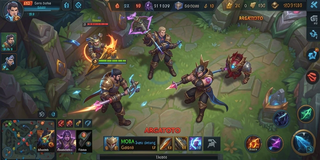 Screenshot gameplay ARGATOTO dengan tampilan aksi seru dalam pertempuran MOBA.
