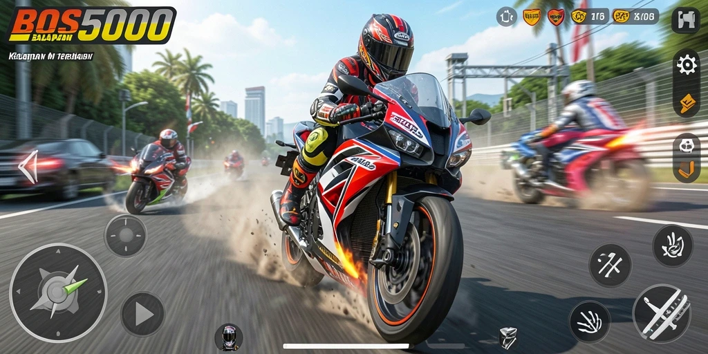 Tampilan gameplay menegangkan dalam balapan motor di BOS5000.