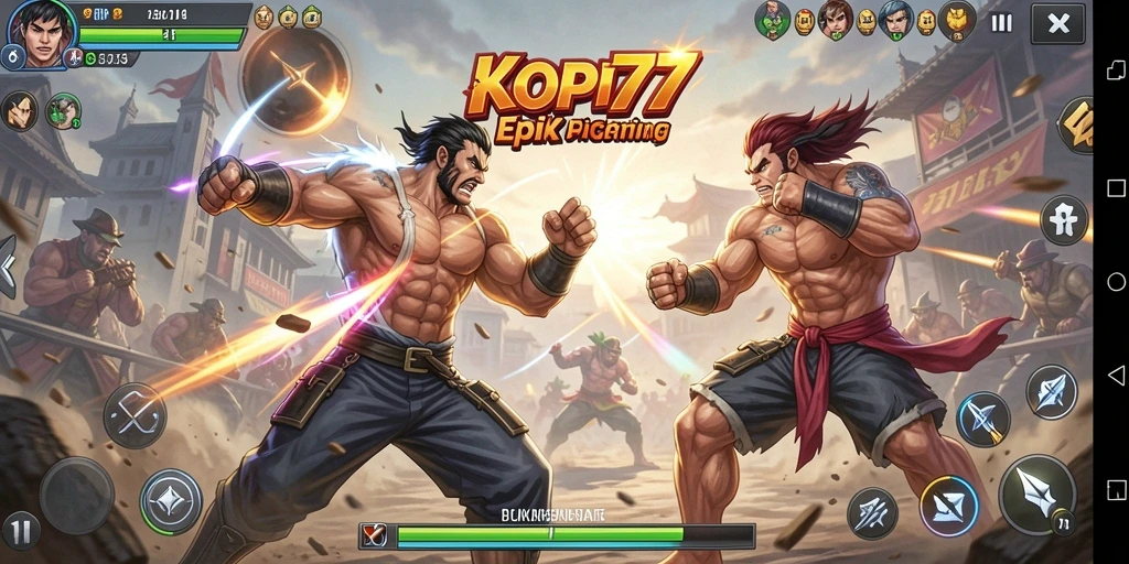 Screenshot KOPI77 menampilkan pertarungan seru antara karakter-karakter unik.