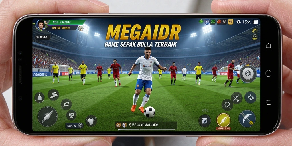 Tampilan gameplay MEGAIDR dengan aksi pertandingan sepak bola yang seru.