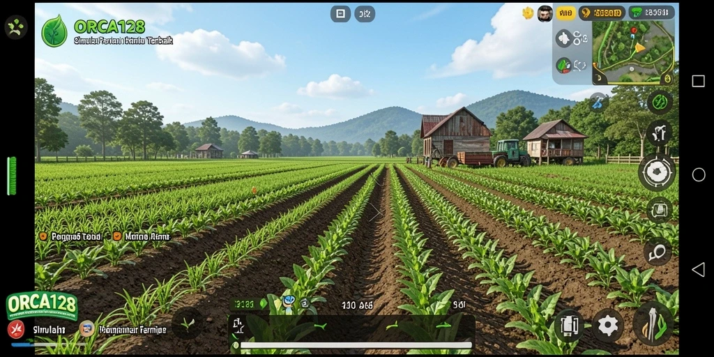 Tampilan gameplay ORCA128 dengan ladang yang luas dan tanaman yang subur.