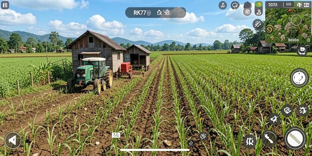 Tampilan gameplay RK77 yang menarik dengan ladang yang subur.